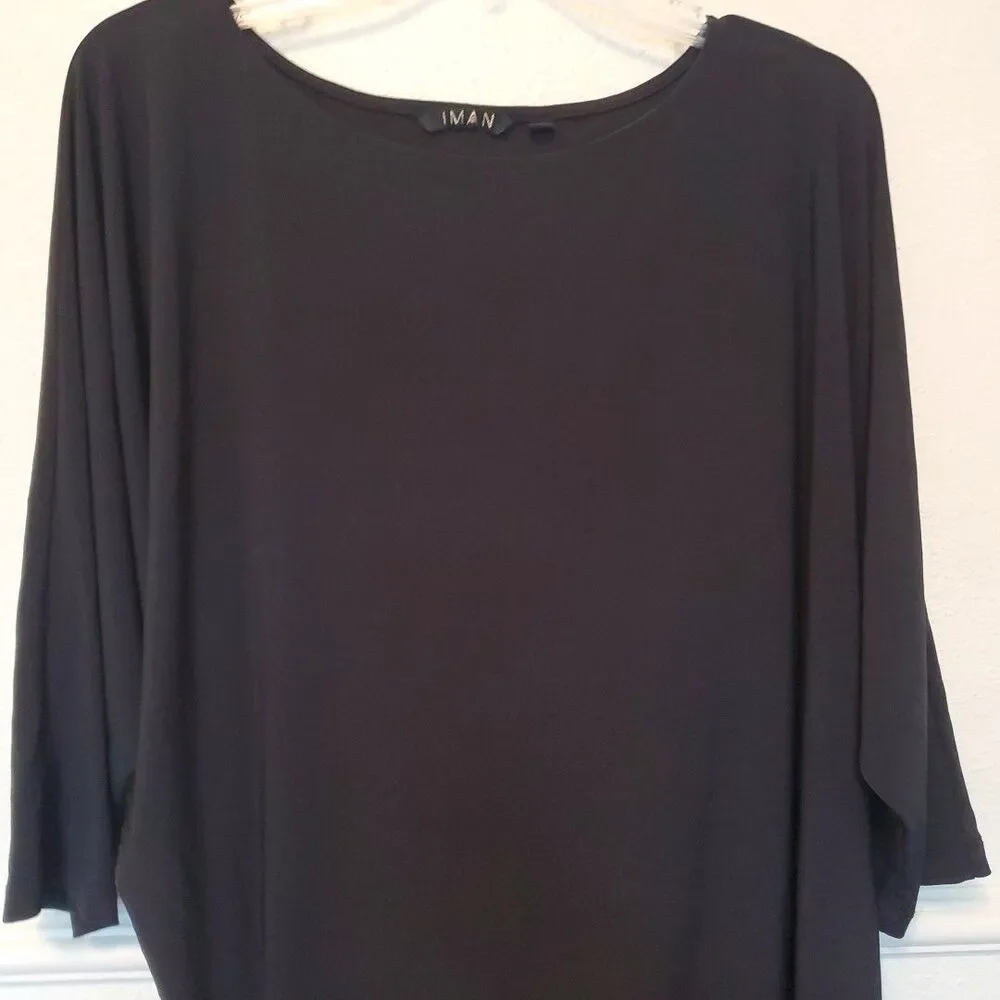 IMAN Assymetric Tunic‎ Blouse Side Ruched 3/4 Sleeve Womens Size XL Black - Picture 2 of 15